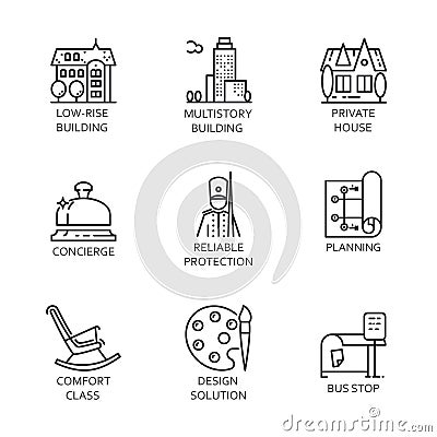 Set of nine icon city and service concept. Urban symbols Vector Illustration