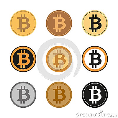 Set of nine icons of the Bitcoin symbol. Stock Photo