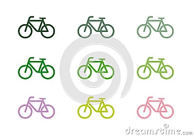 Set of nine images of a bicycle of different shades of green Cartoon Illustration