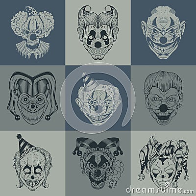 Set of nine images with painted fantastic scary Vector Illustration