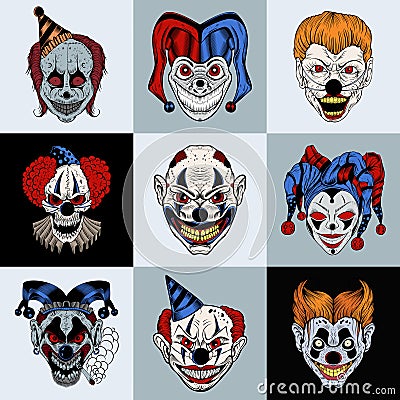 Set of nine images with painted fantastic scary Vector Illustration