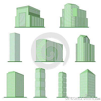 Set of nine modern high-rise building on a white background. Vector Illustration