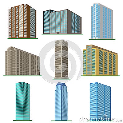 Set of nine modern high-rise building on a white background. Vector Illustration