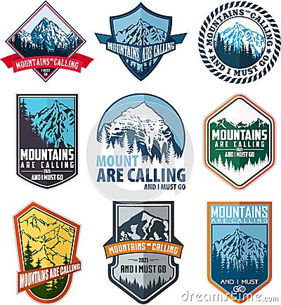 Set of nine mountain travel emblems. Camping climbing outdoor adventure emblems, badges and logo. Mountain tourism, hiking, mounta Vector Illustration