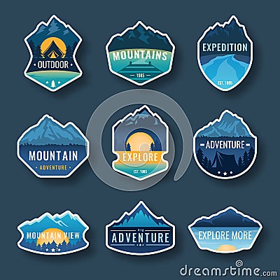 Set of nine mountain travel emblems. Camping outdoor adventure emblems, badges and logo patches. Mountain tourism Vector Illustration