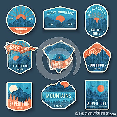 Set of nine mountain travel emblems with grunge texture. Camping outdoor adventure emblems, badges and logo patches Vector Illustration