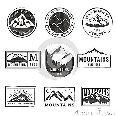 Set of nine mountain travel emblems with grunge texture. Camping outdoor adventure emblems, badges and logo patches Vector Illustration