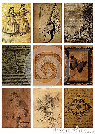 Set of nine old cards vintage collage tags images backgrounds abstract collage Stock Photo