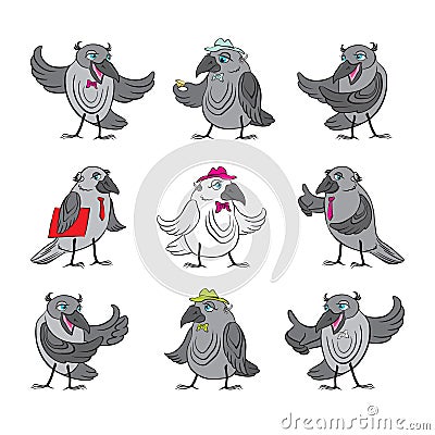 A set of nine raven cartoon Vector Illustration