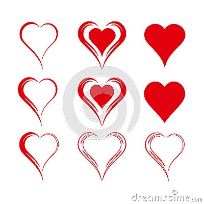Set of nine simple isolated vector hearts Vector Illustration