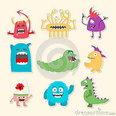 Set of nine stickers with cartoon cute monsters. Vector Illustration