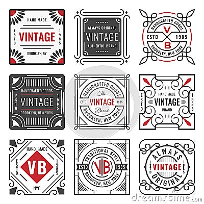 Set of nine stylish line insignias. Decorative geometric frames and borders. Modern vintage logo templates Vector Illustration