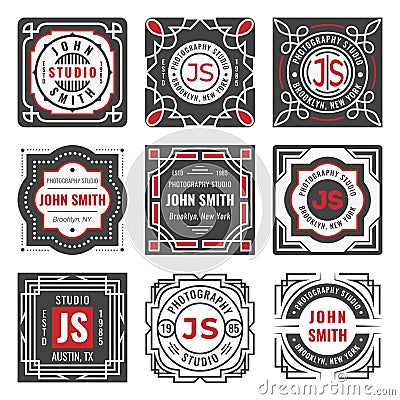 Set of nine stylish line insignias. Decorative geometric frames and borders. Modern vintage logo templates Vector Illustration