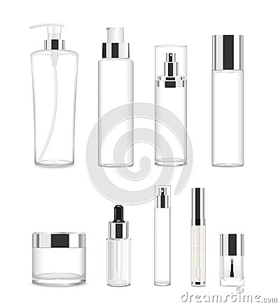 Set of nine transparent cosmetic tubes. Vector Vector Illustration