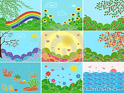 Set of nine various locations and seasons Vector Illustration