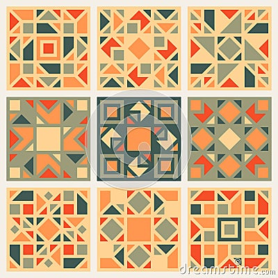 Set of Nine Vector Geometric Square Quilt Retro Pattern Design Element Set in Orange and Green Colors Vector Illustration