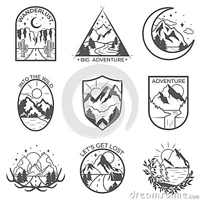 Set of nine vector mountain and outdoor adventures badges. Templates and badges with mountains, trees, tent Vector Illustration