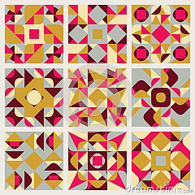 Set of Nine Vector Seamless Blue Pink Yellow White Colors Retro Geometric Ethnic Square Quilt Pattern Collection Vector Illustration