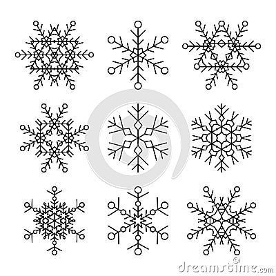 Set of nine vector simple linear snowflakes icons. Hipster black and white design elements. Vector Illustration