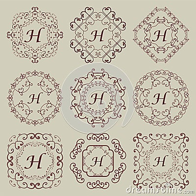 Set of nine vintage monograms. Vector Illustration