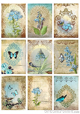 Set of nine vintage style cards tags collage blue morn bird butterfly floral images Stock Photo