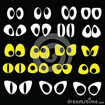 A set of nineteen pairs of eyes. eye in darkness. Vector Illustration