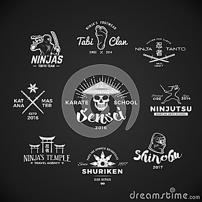 Set of Ninjutsu Logo. Sensei skull t-shirt illustration concept on gray background. Japanese Katana weapon insignia Vector Illustration