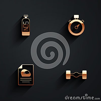 Set Nitrous oxide, Stopwatch, Racing helmet and Chassis car icon with long shadow. Vector Vector Illustration