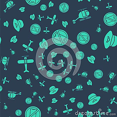 Set No cell phone, Helicopter, Plane and Pilot hat on seamless pattern. Vector Vector Illustration