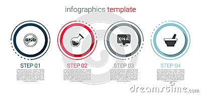 Set No GMO, Test tube and flask, DNA symbol and Mortar pestle. Business infographic template. Vector Vector Illustration