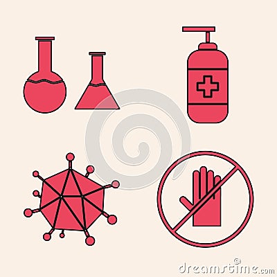 Set No handshake, Test tube and flask, Bottle of liquid antibacterial soap and Virus icon. Vector Vector Illustration