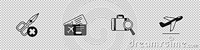 Set No scissors, Airline ticket, Lost baggage and Plane takeoff icon. Vector Vector Illustration