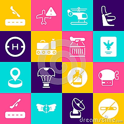 Set No Smoking, Airship, Passport, Helicopter, Conveyor belt with suitcase, landing pad, Plane and icon. Vector Stock Photo