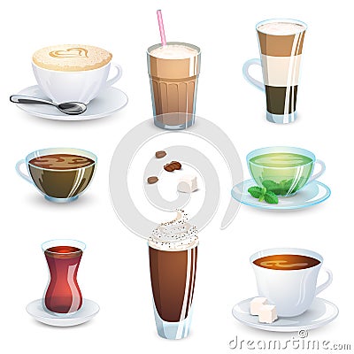 Set of non-alcoholic beverages - tea, herbal tea, hot chocolate, latte, mate, coffee. Vector illustration, isolated on white. Cartoon Illustration