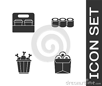 Set Noodles in box, Coffee cup to go, Chicken leg package and Sushi icon. Vector Vector Illustration
