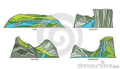 Set of Norway natural landmarks, fjords landscape Vector Illustration