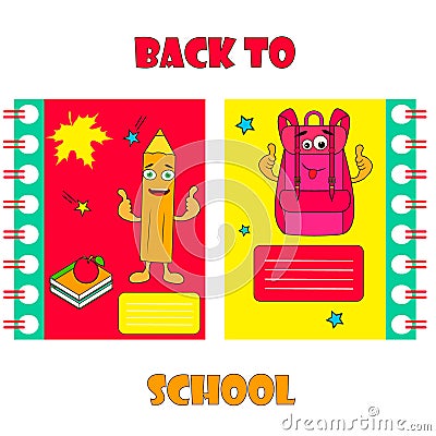 Set of notebook covers with funny pencil and backpack Vector Illustration