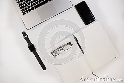 set of notebook,Notepad, pens, glasses and other gadgets for work and business Stock Photo