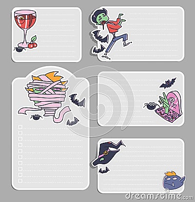 Set on notes templates with Halloween doodles. Vector stickers d Vector Illustration