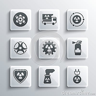 Set Nuclear power plant, Radiation electrical plug, Fire extinguisher, Radioactive, shield, Biohazard symbol, Atom and Stock Photo