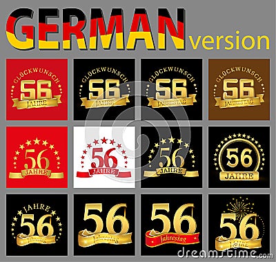 Set of number fifty-six 56 years celebration design. Anniversary golden number template elements for your birthday party. Transl Vector Illustration