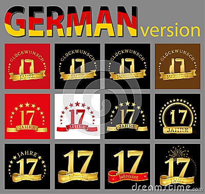 Set of number seventeen 17 years celebration design. Anniversary golden number template elements for your birthday party. Transl Vector Illustration