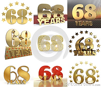 Set of number sixty eight year 68 year celebration design. Anniversary golden number template elements for your birthday party. Cartoon Illustration