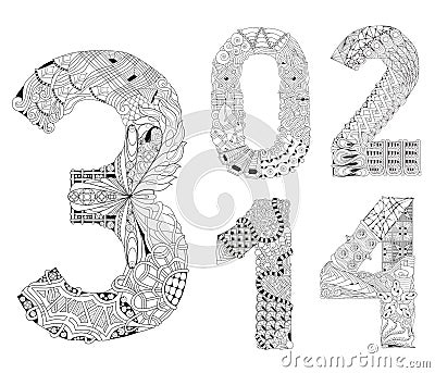 Set of number zero, one, two, three, four Zentangle. Vector decorative objects Vector Illustration