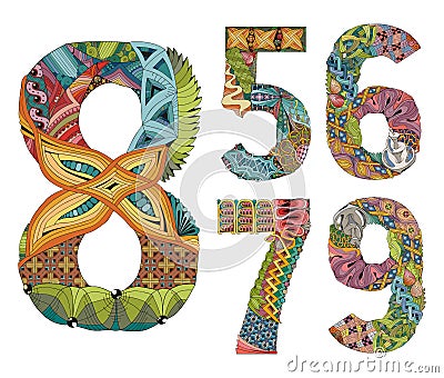 Set of numbers five, six, seven, eight, nine Zentangle. Vector Illustration