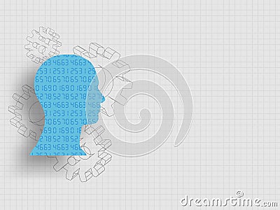 Set of numbers in human head model in front of 3d gears represent concept of design thinking, innovation and investment banking. Cartoon Illustration