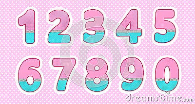 Set of numbers in lol doll style. Baby design. Bright pink, blue colors. Polka dot pattern Vector Illustration