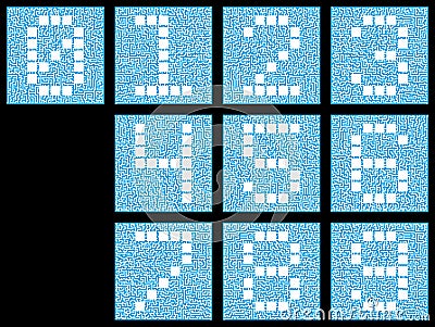 A set of numeric characters from zero to nine. Stylized numbers inside a complex maze Vector Illustration