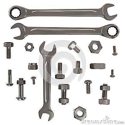 Set of Nuts, Bolts and Wrenches Stock Photo