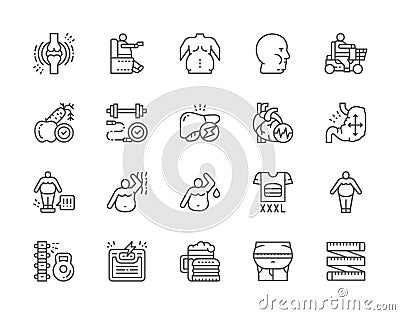 Set of Obesity and Overweight Line Icons. Fat Face, Junk Food, Diet and more. Vector Illustration